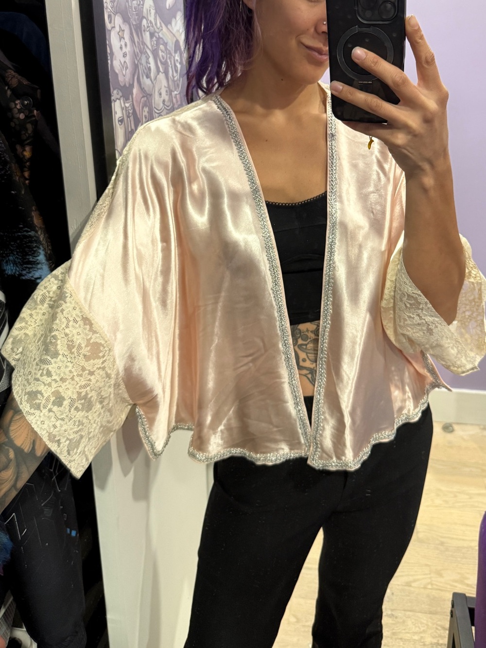 Vintage Upcycled Pale Pink Satin Lace-Trim Kimono Jacket